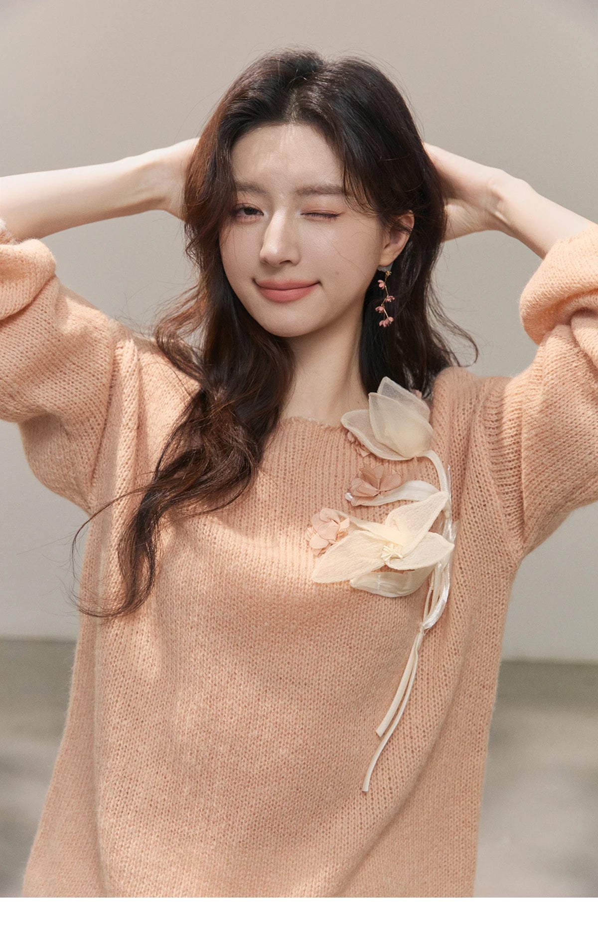 Mishow Pinkish Beige 3D Floral Applique Crew Neck Sweater MXE47Z2649