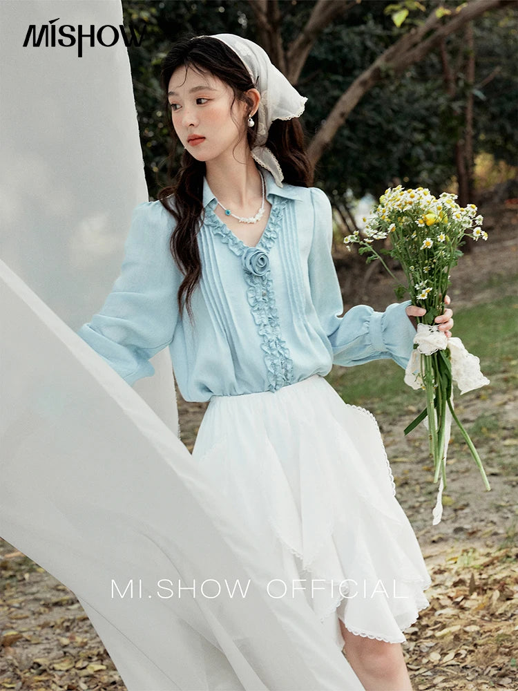 MISHOW V-Neck Long Flare Sleeve Solid Blouse MXE14X1730