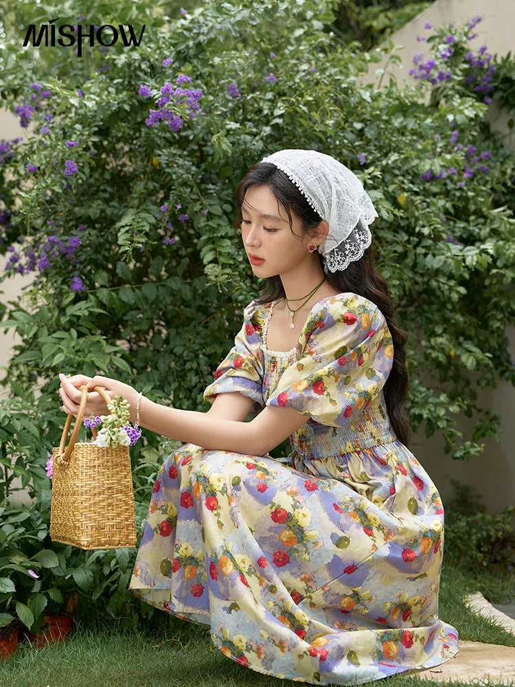 Mishow Floral Smocked Puff Sleeve Beach Dress MXD24L1905