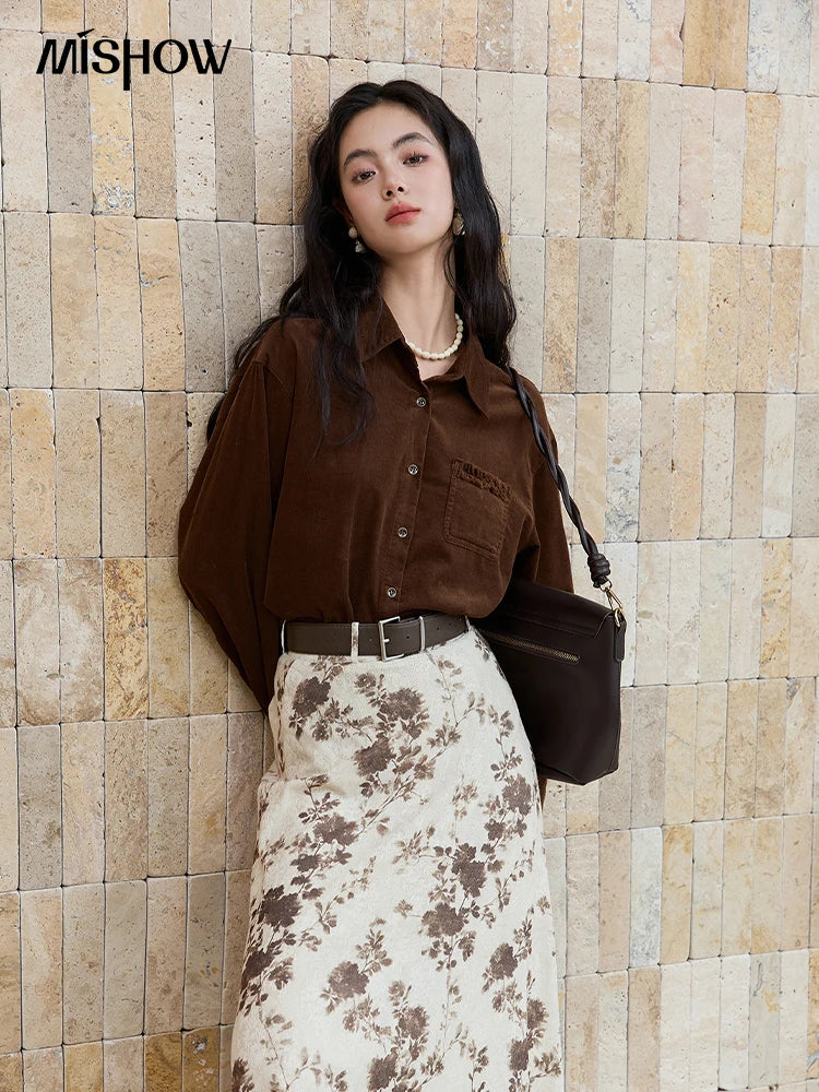 MISHOW Brown Corduroy Shirt Raw Edge Pocket MXE47C2419