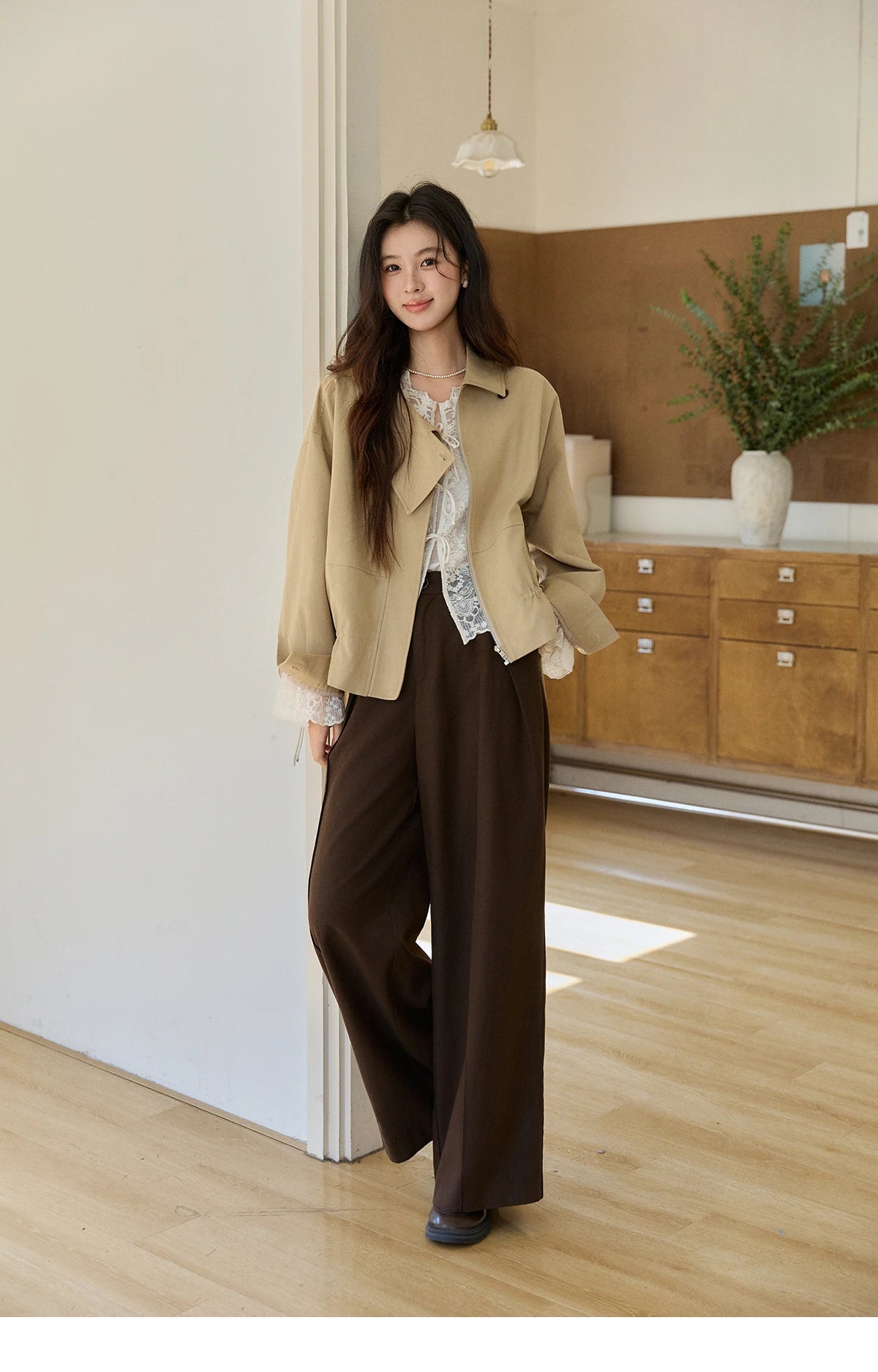 MISHOW Khaki Cropped Jacket Asymmetrical Collar Drawstring Waist MXF11W1029
