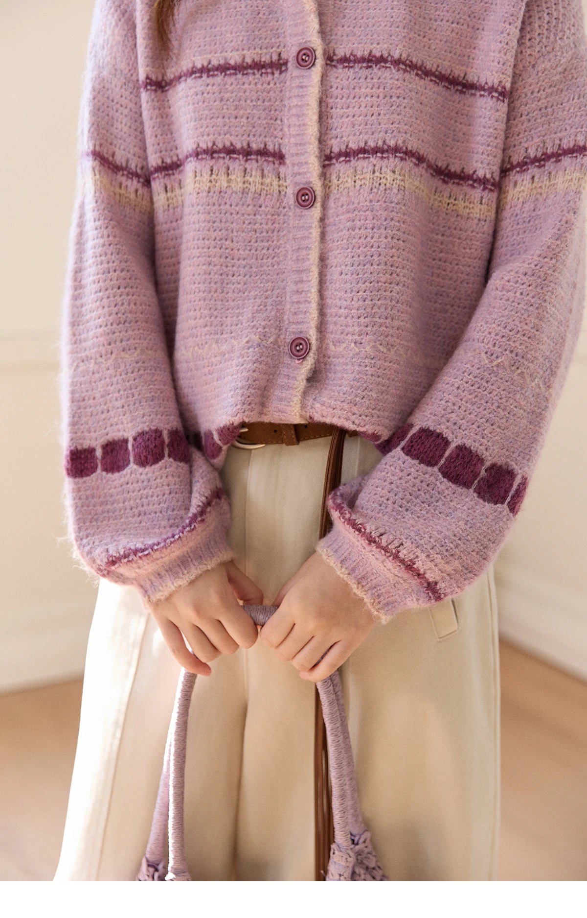 Mishow Lilac Striped Dot Crew Neck Cardigan MXF11Z2897