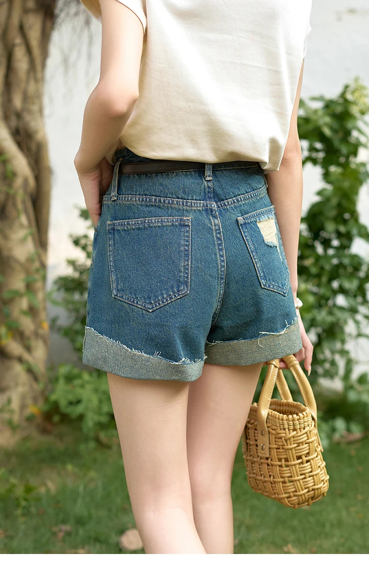 Mishow High Waist Curled Edge Denim Shorts MXD30K0659