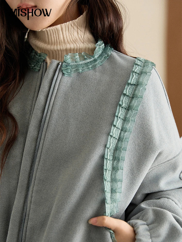 Mishow Light Blue Lace Trim Puff Sleeve Down Coat MXE94W1048