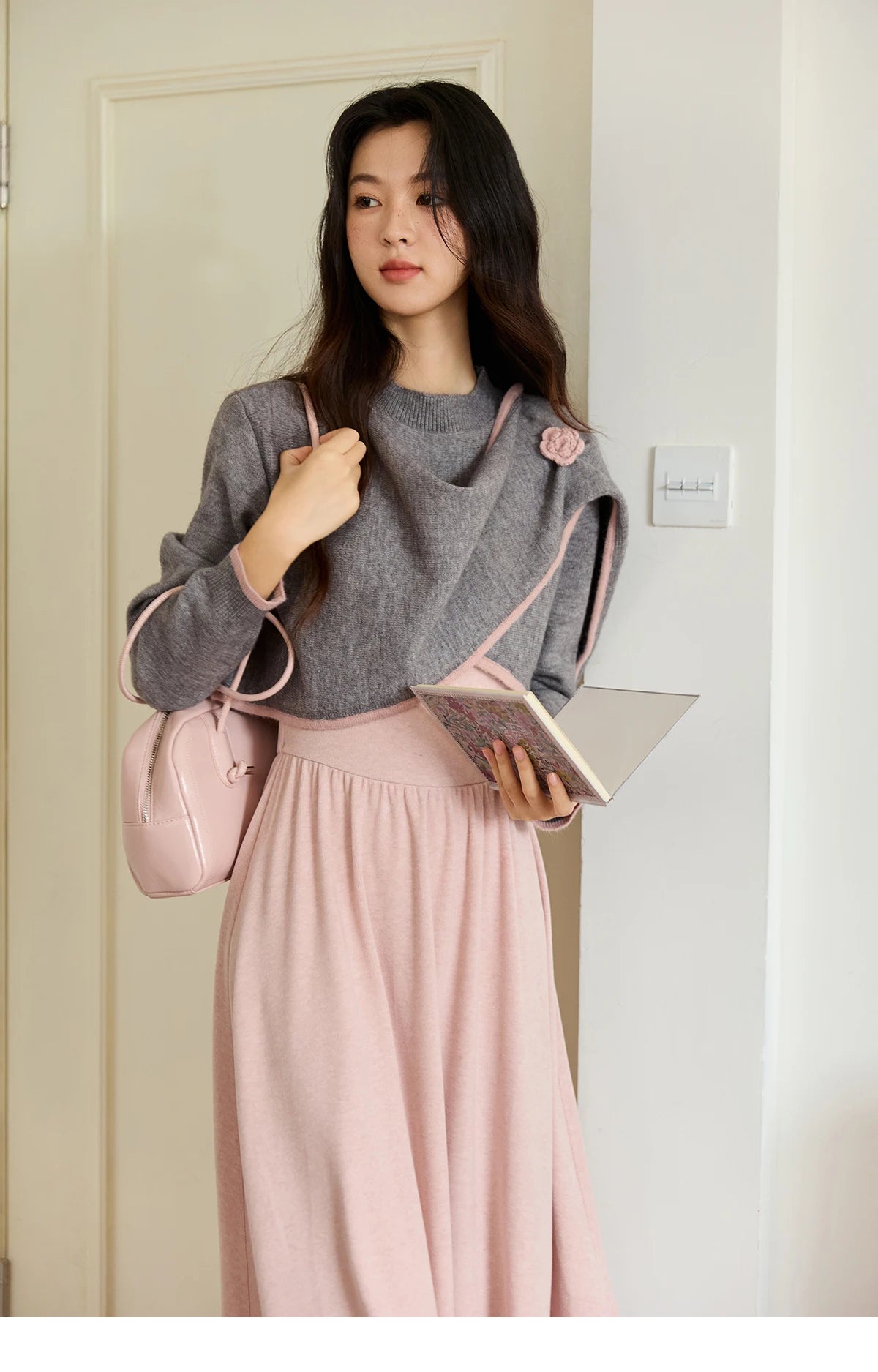 Mishow Pink Irregular Round Neck Top & Suspender Dress Set MXE49T1397