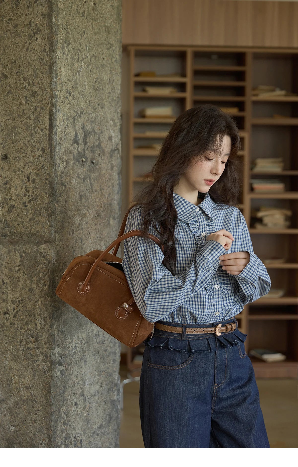 MISHOW Blue Plaid Cotton Shirt Doll Collar Dropped Shoulder MXE44C2391