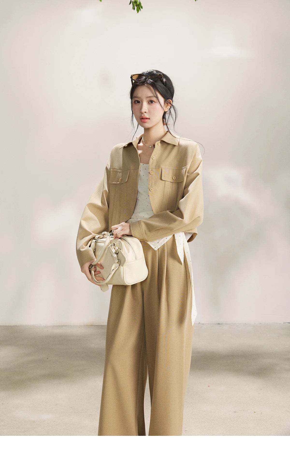 Mishow Khaki Cropped Jacket & Polka Dot Vest & Wide Leg Pants Three-Piece Set MXF13T1478