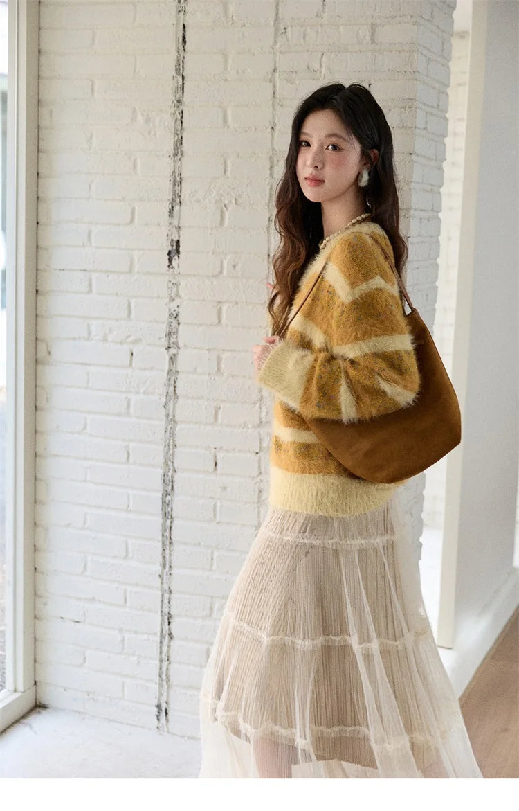 Mishow Retro Yellow Striped Faux Mink Jacquard Sweater MXE87Z2766