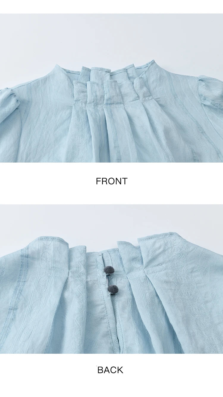 MISHOW Blue Jacquard Blouse Stand Collar Bubble Sleeves MXE41X1934