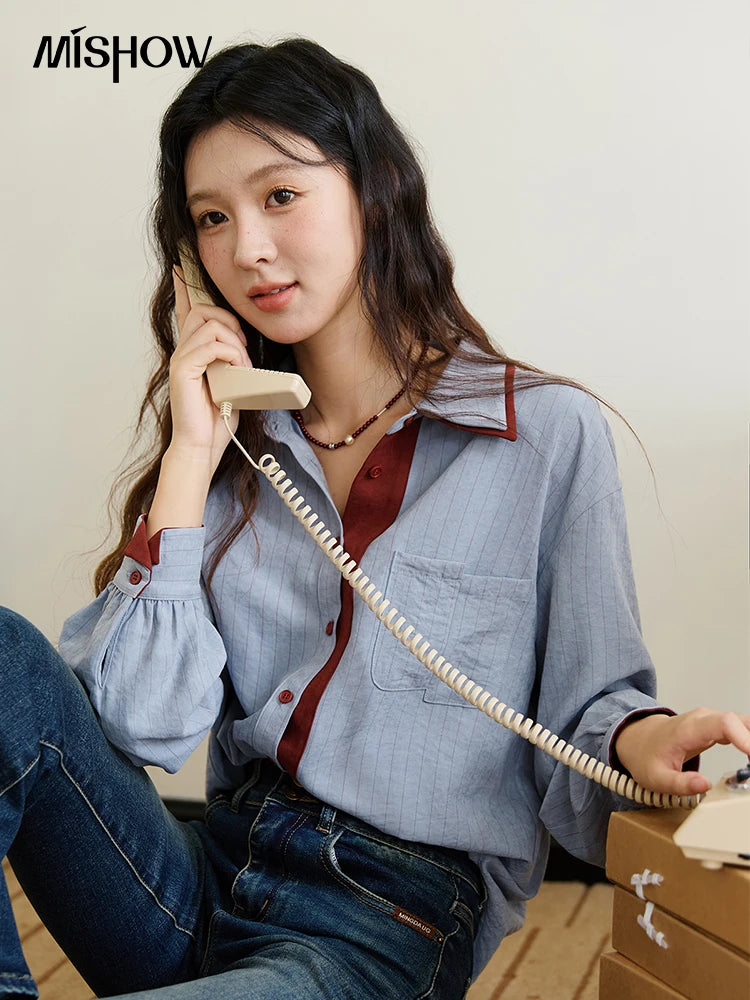 MISHOW Blue Red Striped Shirt Contrast Splicing Lapel MXE46C2405