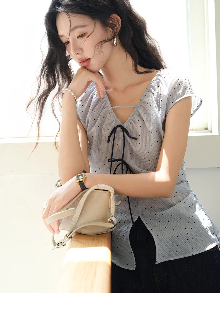 MISHOW V-Neck Bow Spliced Polka Dot Blouse Garment Sleeves MXE37X1909