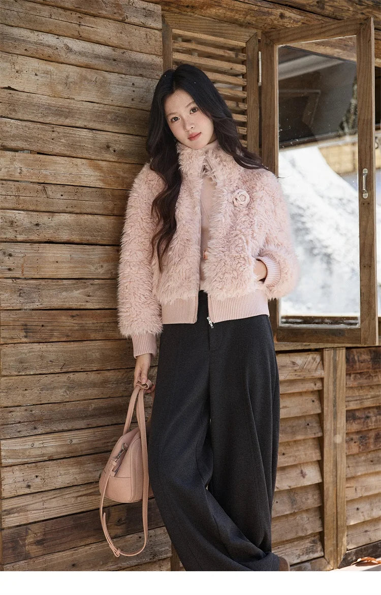 Mishow Pink Stand Collar Faux Lamb Wool Coat MXE91W0974