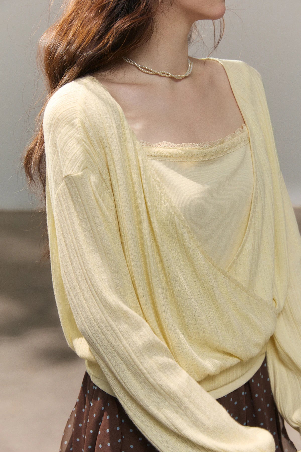 Mishow Lemon Yellow Lantern Sleeve Top & Lace Camisole Set MXF13T1513