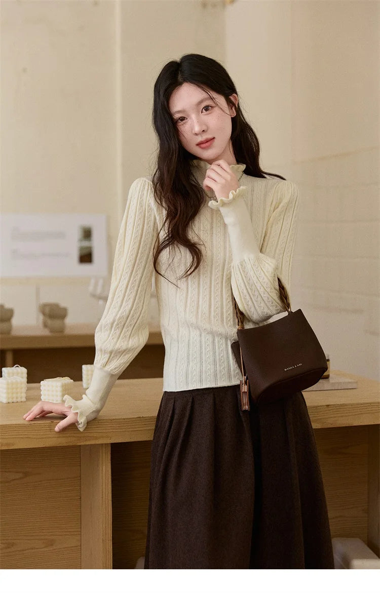 Mishow Half Turtleneck Ruffle Lantern Sleeve Top MXE93Z2810