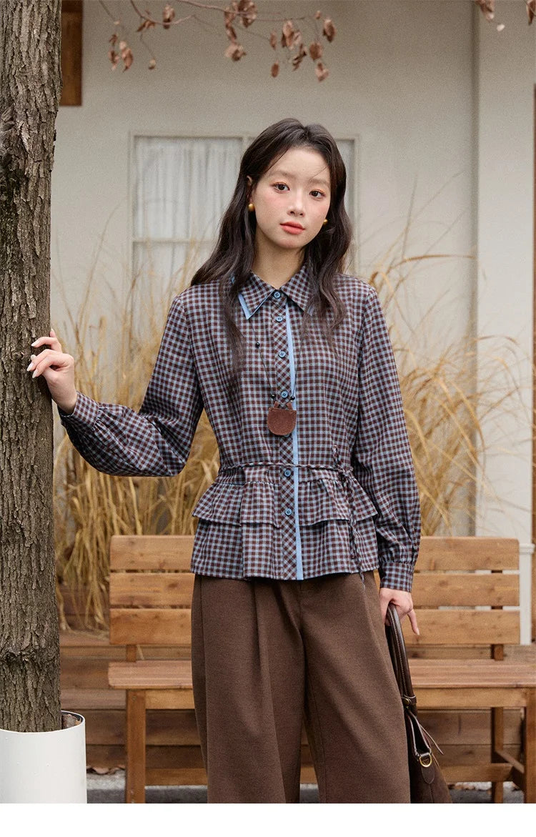 MISHOW Blue Plaid Shirt Lantern Sleeves Ruffled Hem MXE89C2420
