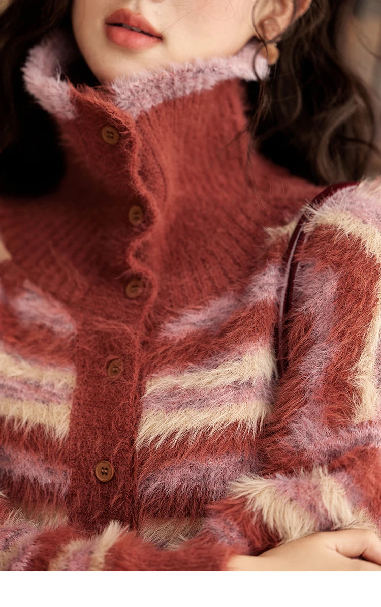 Mishow Red Striped Faux Mink Fur Stand Collar Cardigan MXD59Z1005