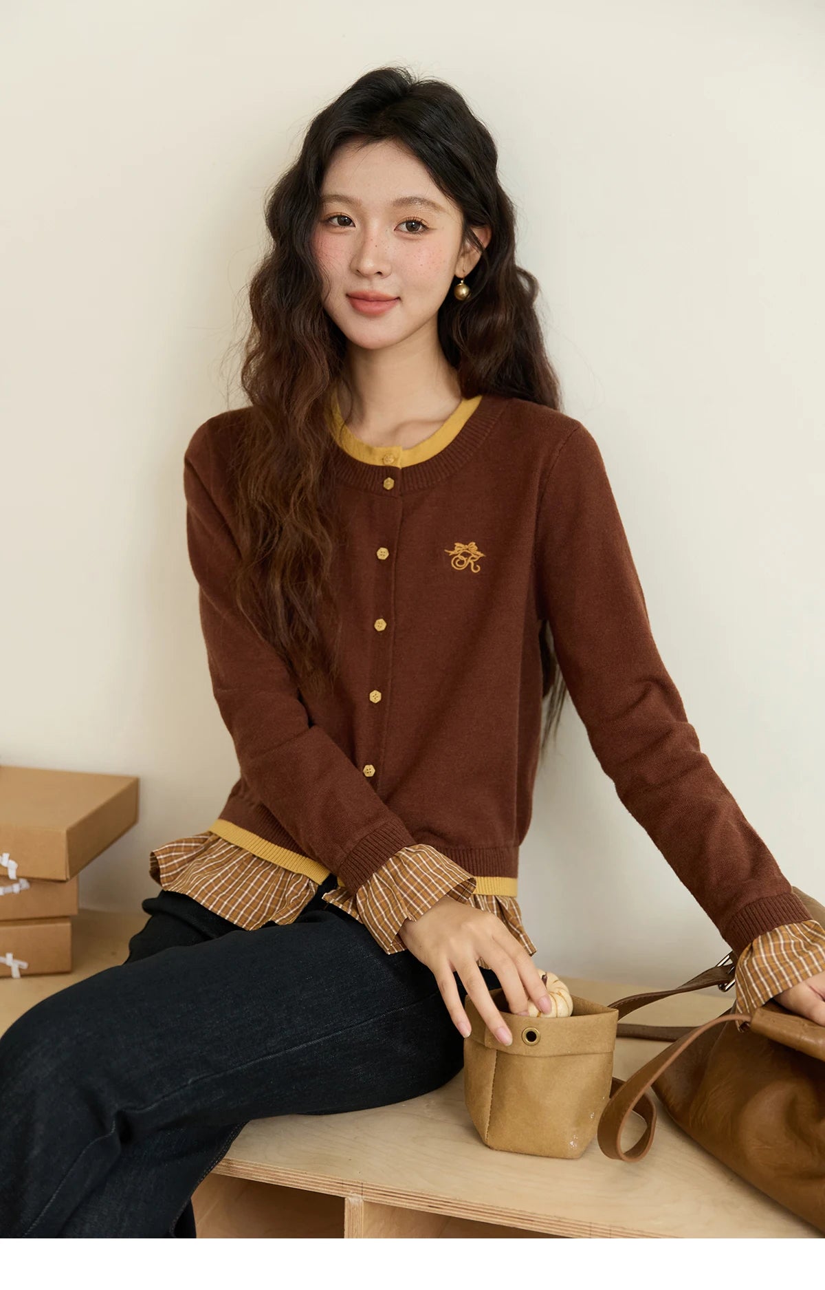 Mishow Fake Two Bow Embroidered Plaid Splicing Sweater MXE46Z2495