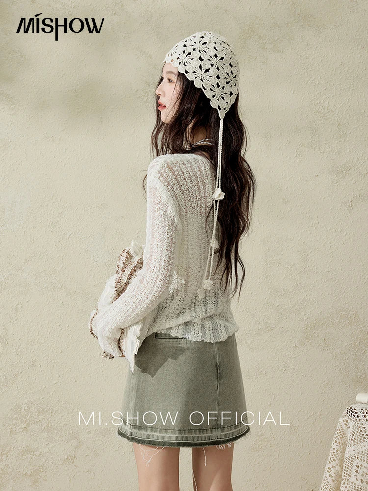 Mishow Apricot White Hollow Mohair Drop Sleeve Top MXE12Z1120