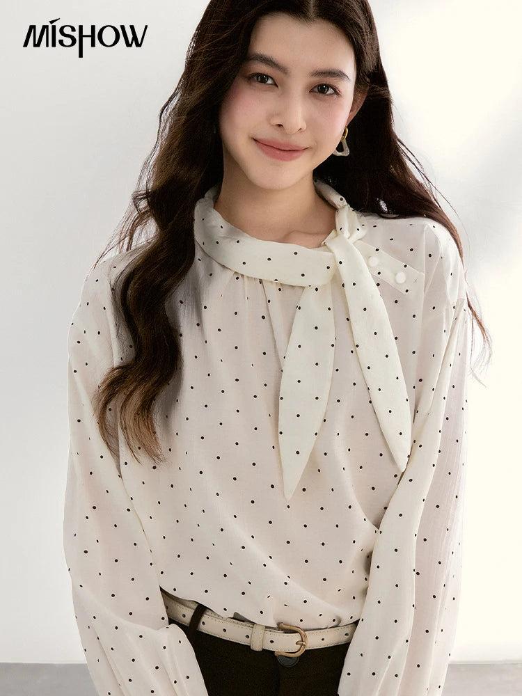 MISHOW White Polka Dot Blouse Bow Tie Neck Sheer MXF13X2531