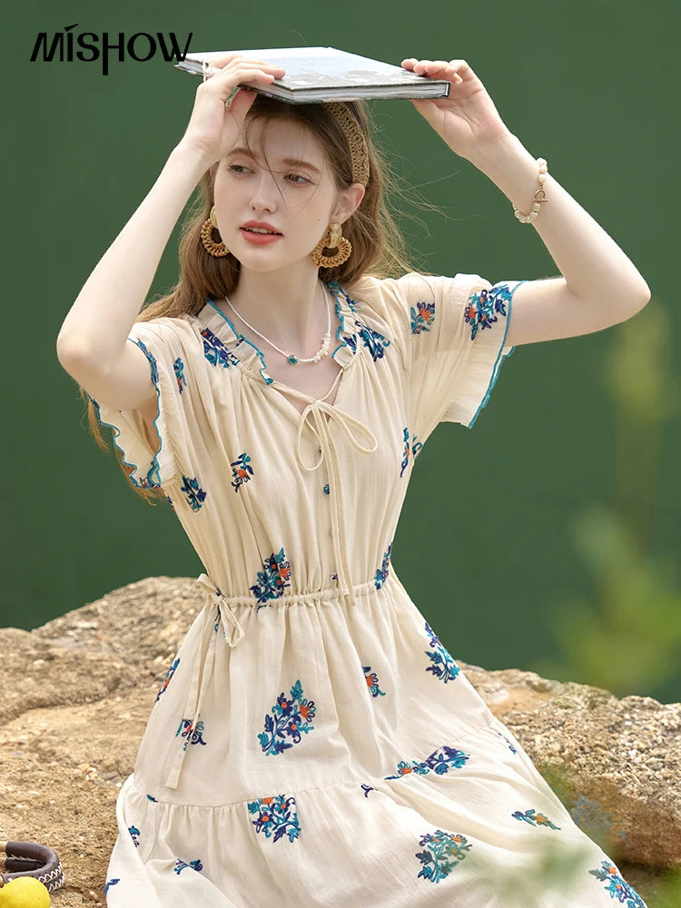 Mishow French Embroidered Flower Drawstring Dress MXD24L1835