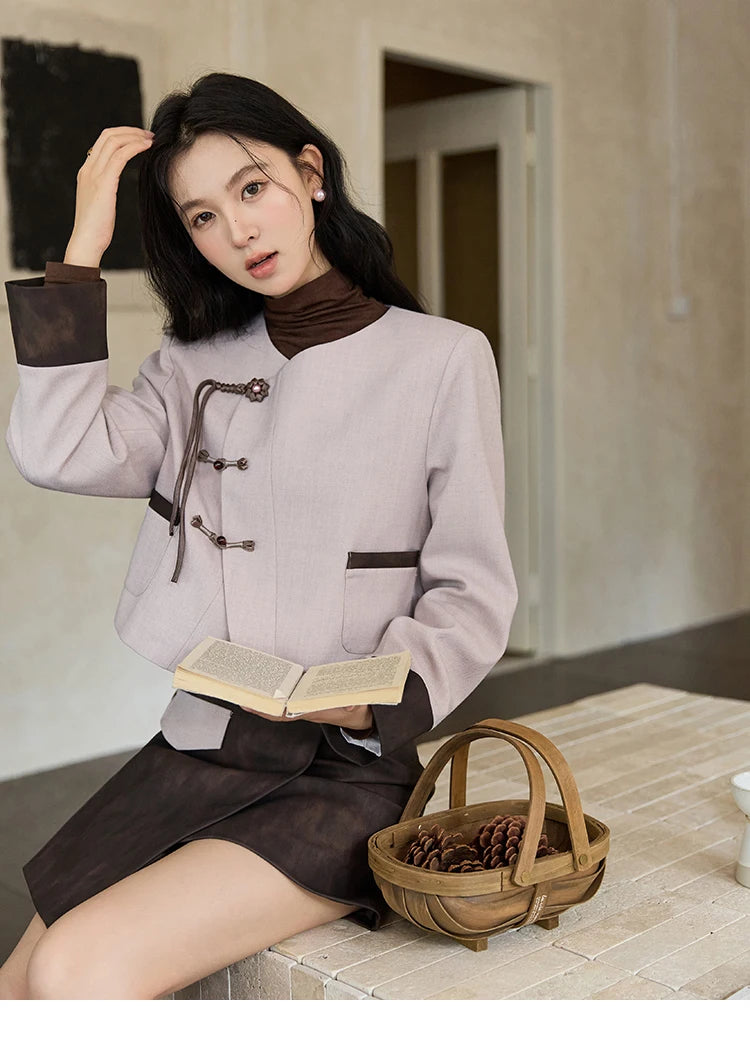 Mishow Taro Purple V-Neck Jacket & Asymmetric Mini Skirt Set MXD43W0417