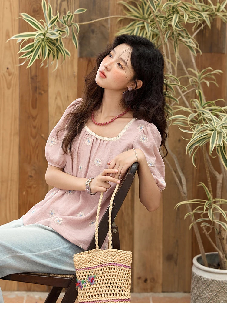 MISHOW Pink Embroidered Linen Blouse Square Collar Lace Patchwork MXE35X1834