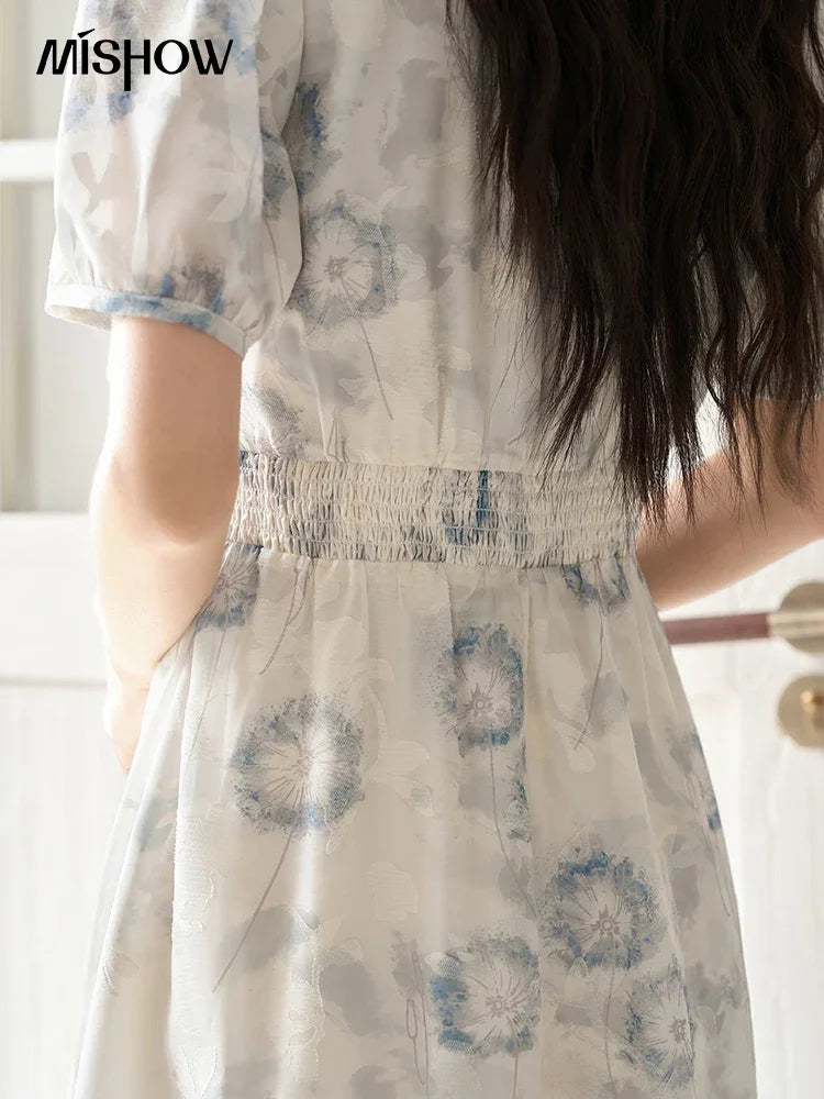 Mishow Taraxacum Print V-Neck Puff Sleeve Dress MXC39L1555