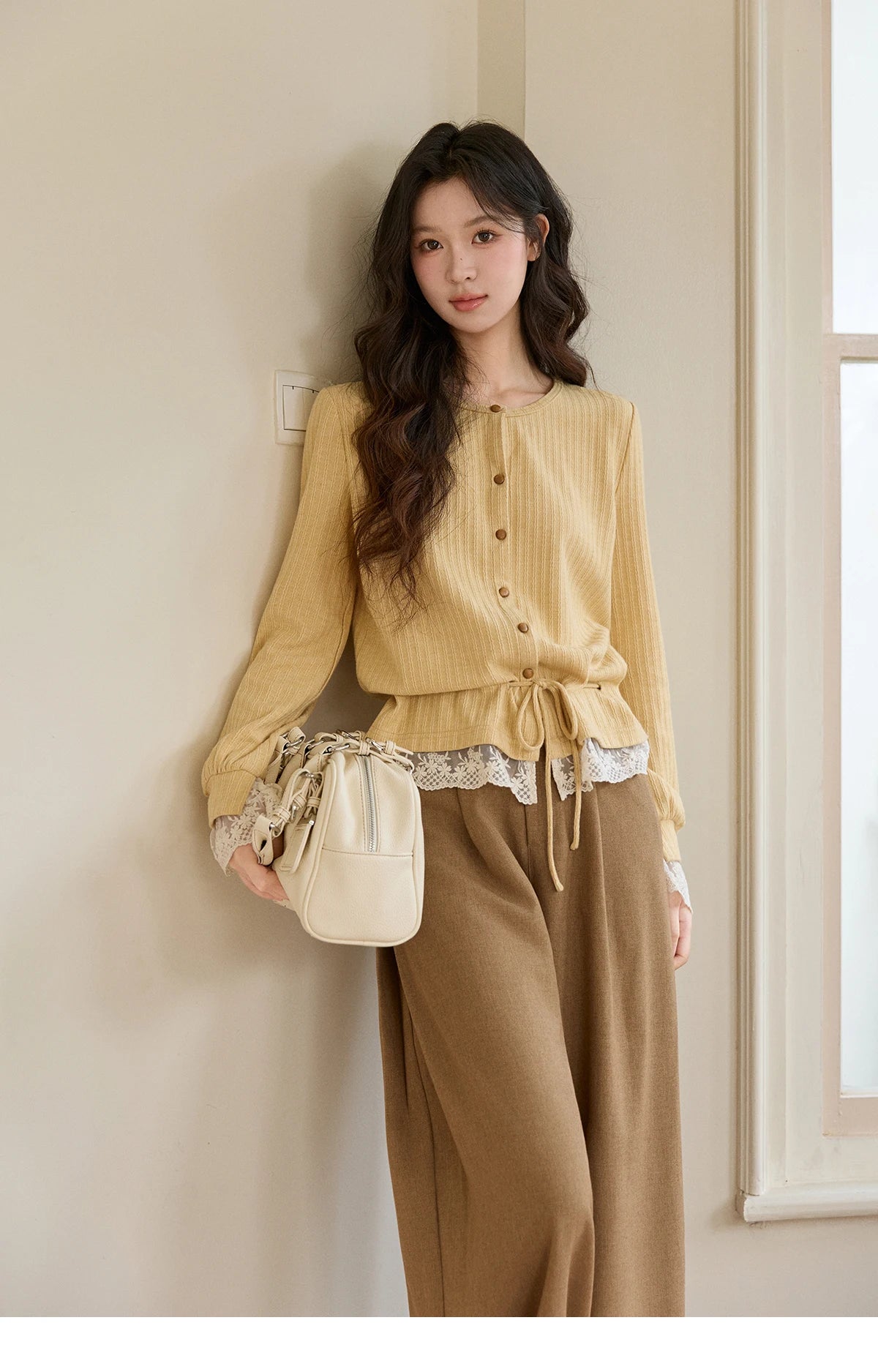 Mishow Yellow Ribbed Lace Trim Drawstring Cardigan MXF11Z2919