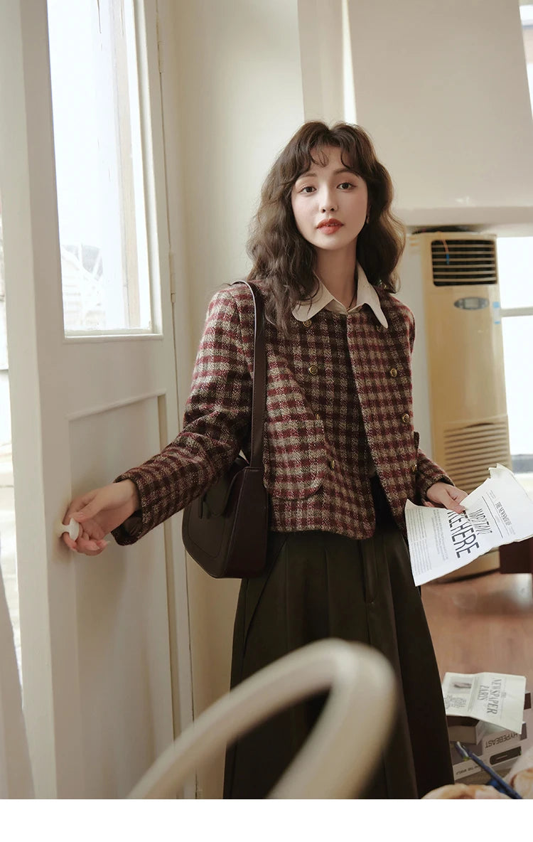 Mishow Vintage French Crop Plaid Woolen Top MXC48W0175