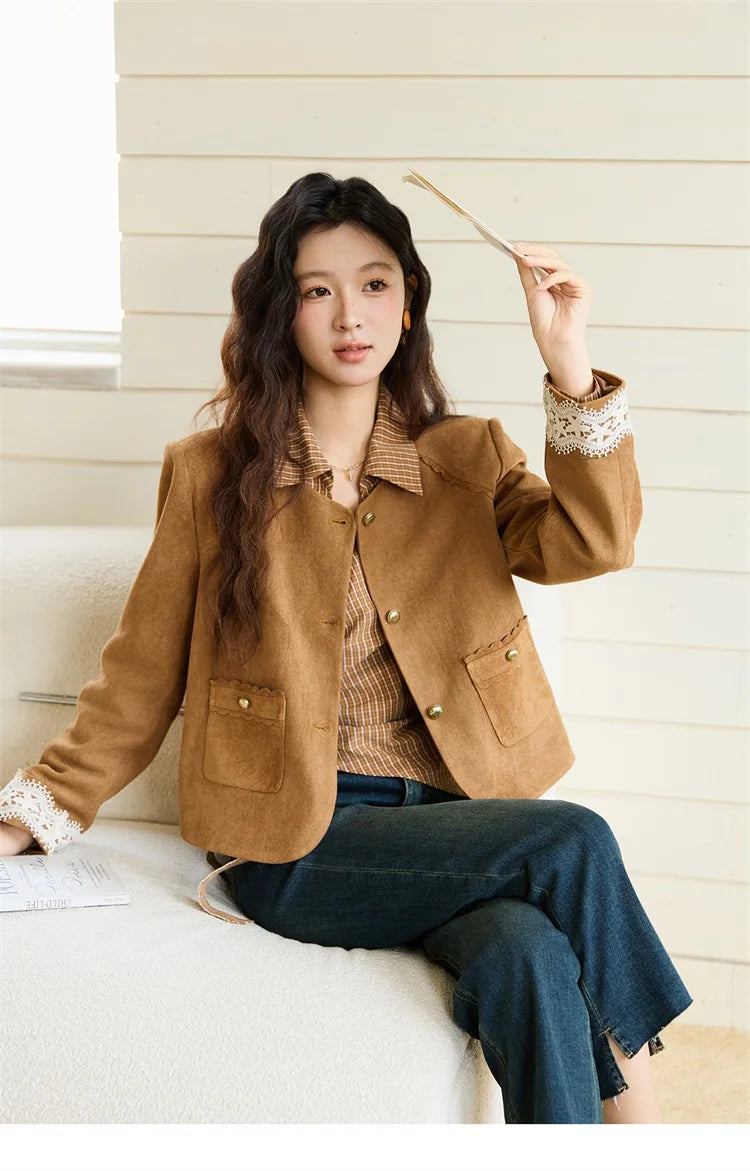 MISHOW Fragrant Suede Jacket Cuffs Hollowed Out Lace Metal Button MXE46W0839