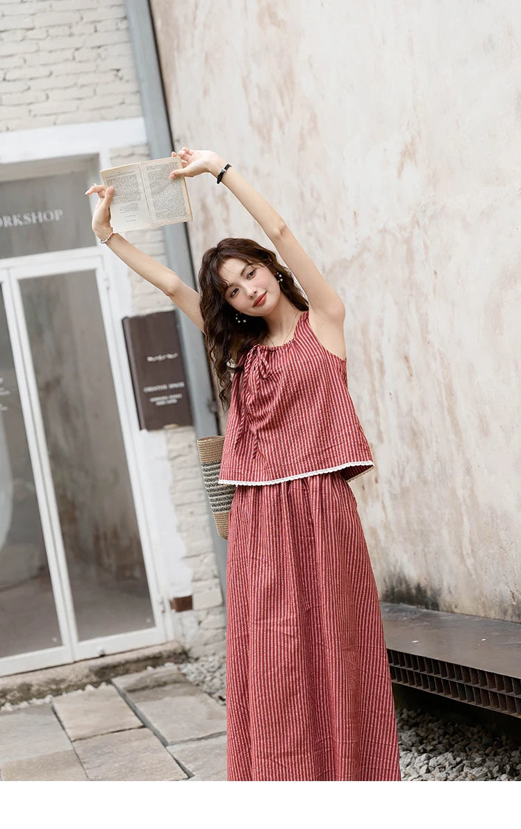 Mishow French Red Stripe Square Neck Tank & Elastic Waist Skirt Set MXD30X1631