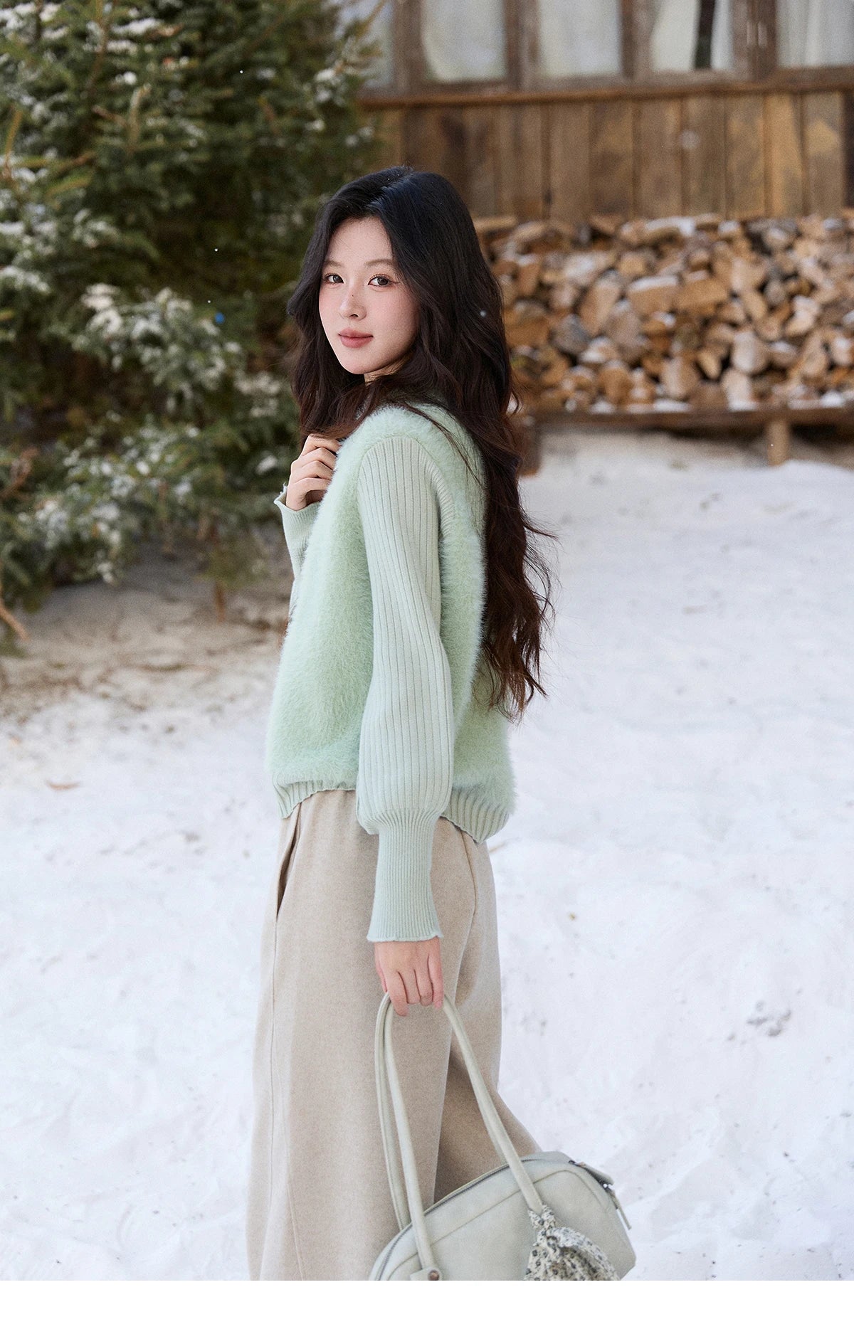 Mishow Green Faux Mink Fur Patchwork Lapel Cardigan MXE86Z2764