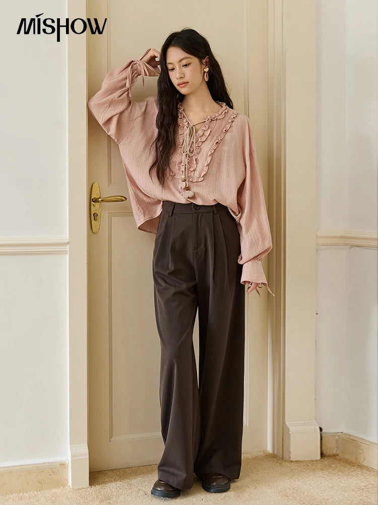 MISHOW Pink Blouse V-Neck Bubble Sleeve Fold Edge MXE45X2485