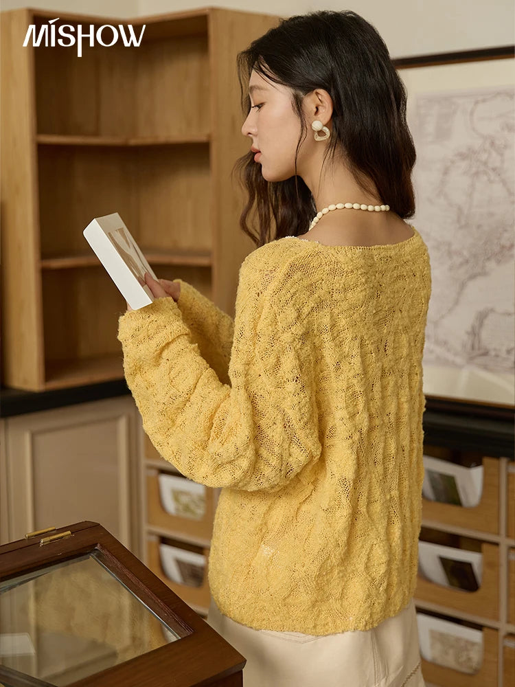 Mishow Bamboo Loop Yarn Hollow V-Neck Lace Sweater MXE43Z1349
