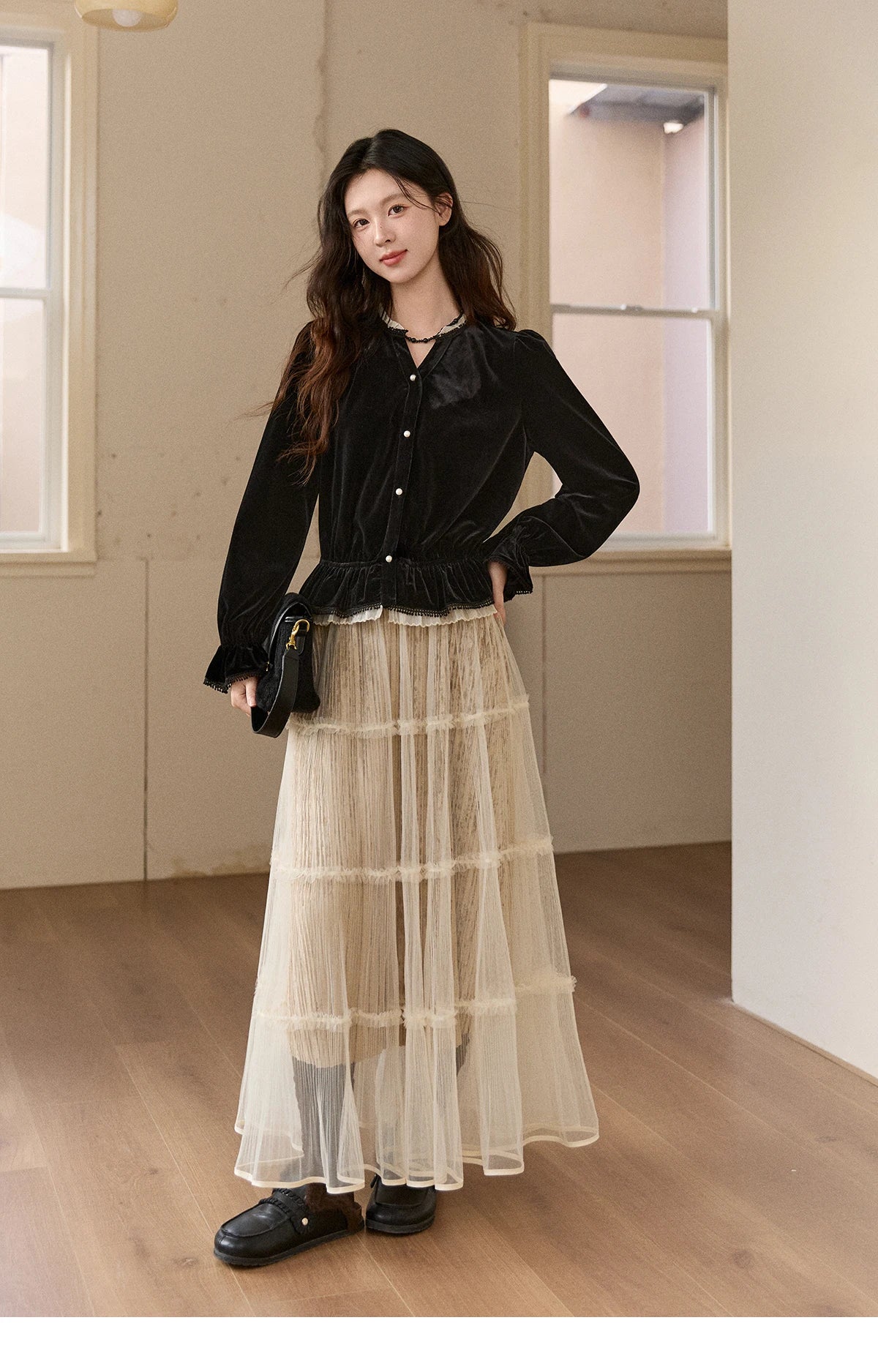 Mishow Black Velvet Lace Pearl Button Puff Sleeve Shirt MXE94X2516