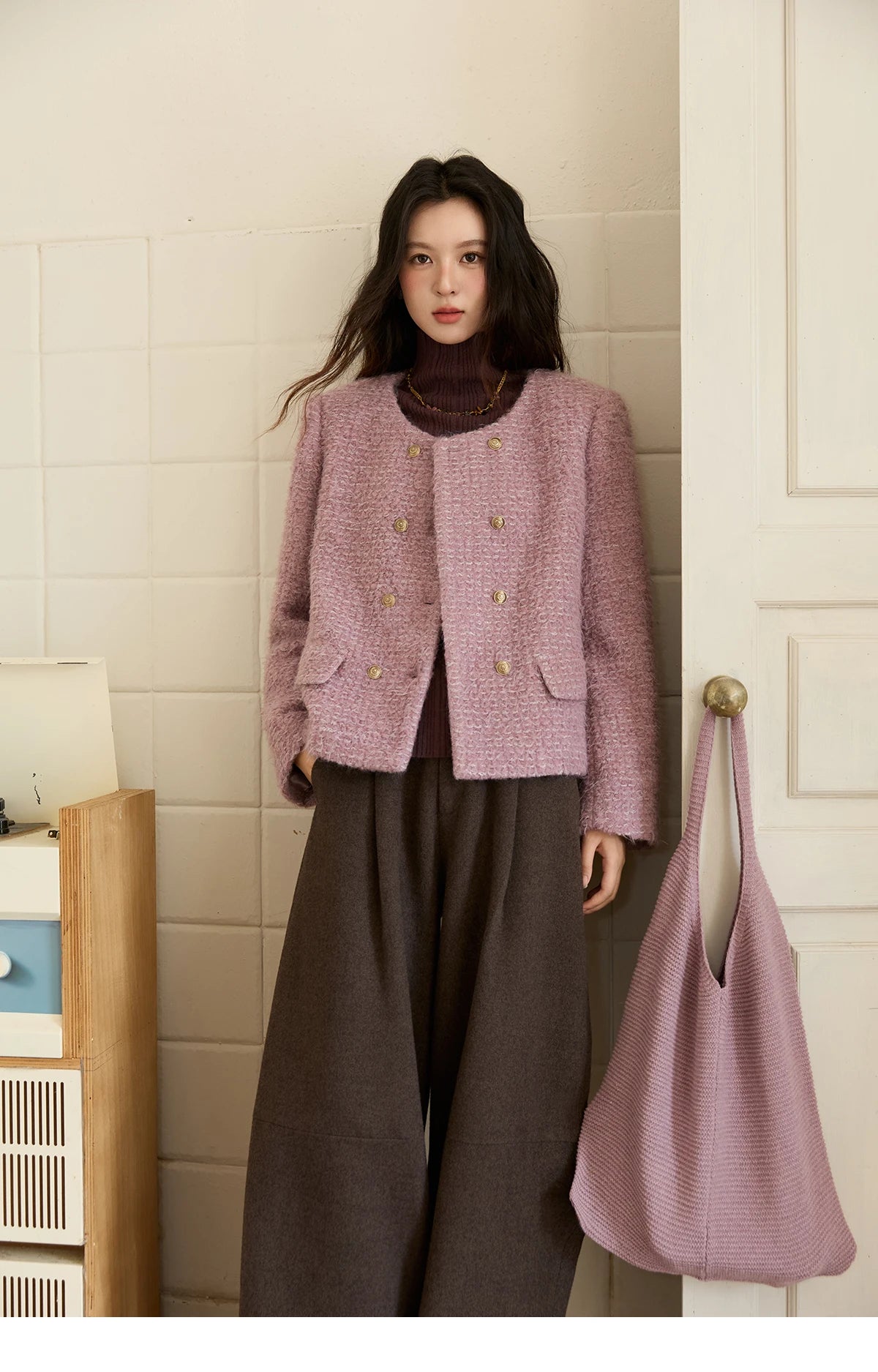 Mishow Purple Double-Breasted Tweed Wool Coat MXE88W0881