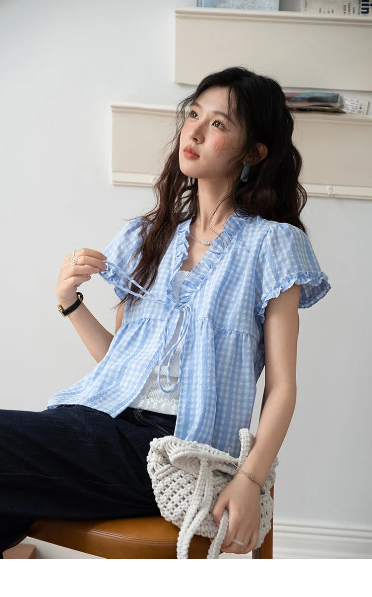 MISHOW Plaid Blue Fake Two Piece Blouse Puff Sleeve V-Neck Lace Up MXE37X1901