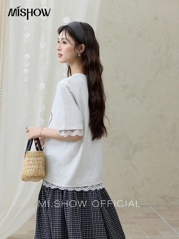 Mishow Print Lace Bow Detail Tee MXE32T0554
