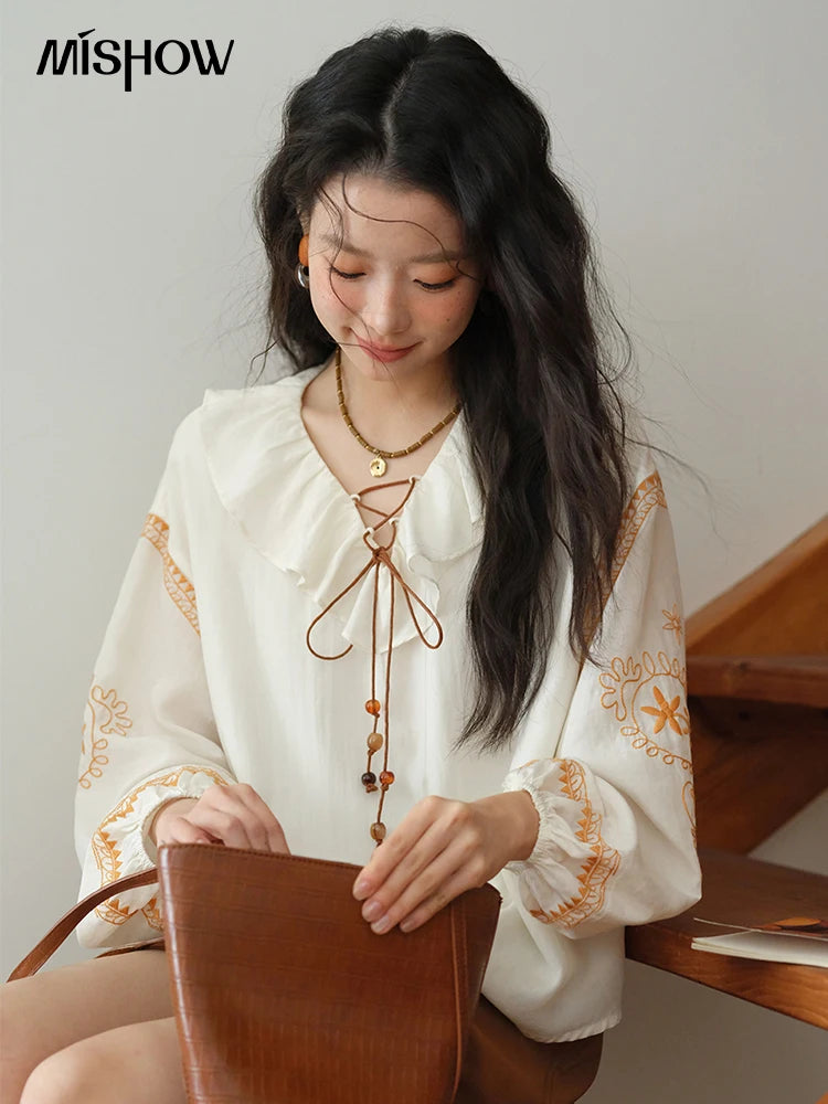 MISHOW Embroidered Blouse Ruffle V-Neck Lace Up MXE43X1987