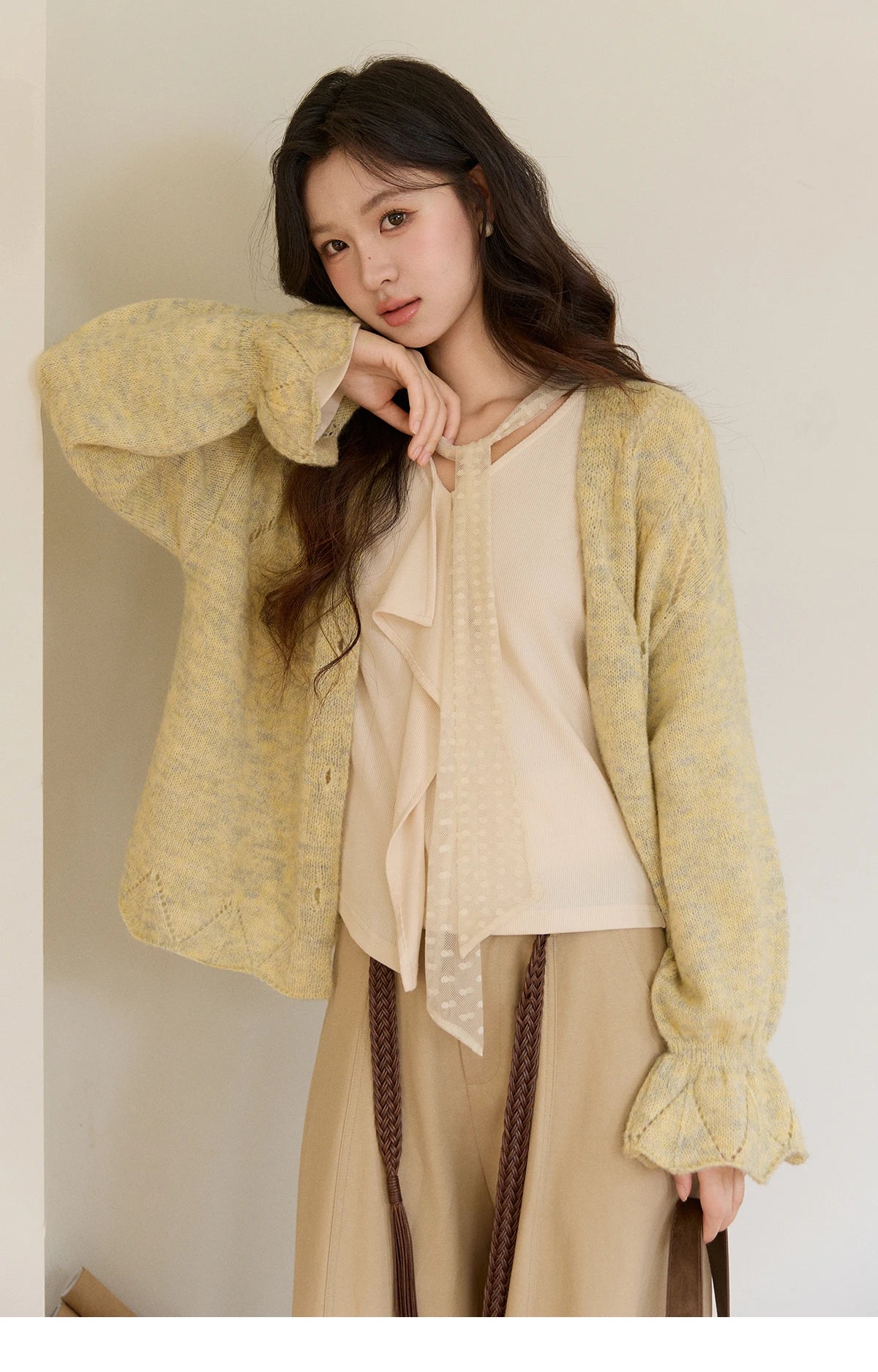 Mishow Marled Yellow Mohair Flare Sleeve Cardigan MXF108Z1021