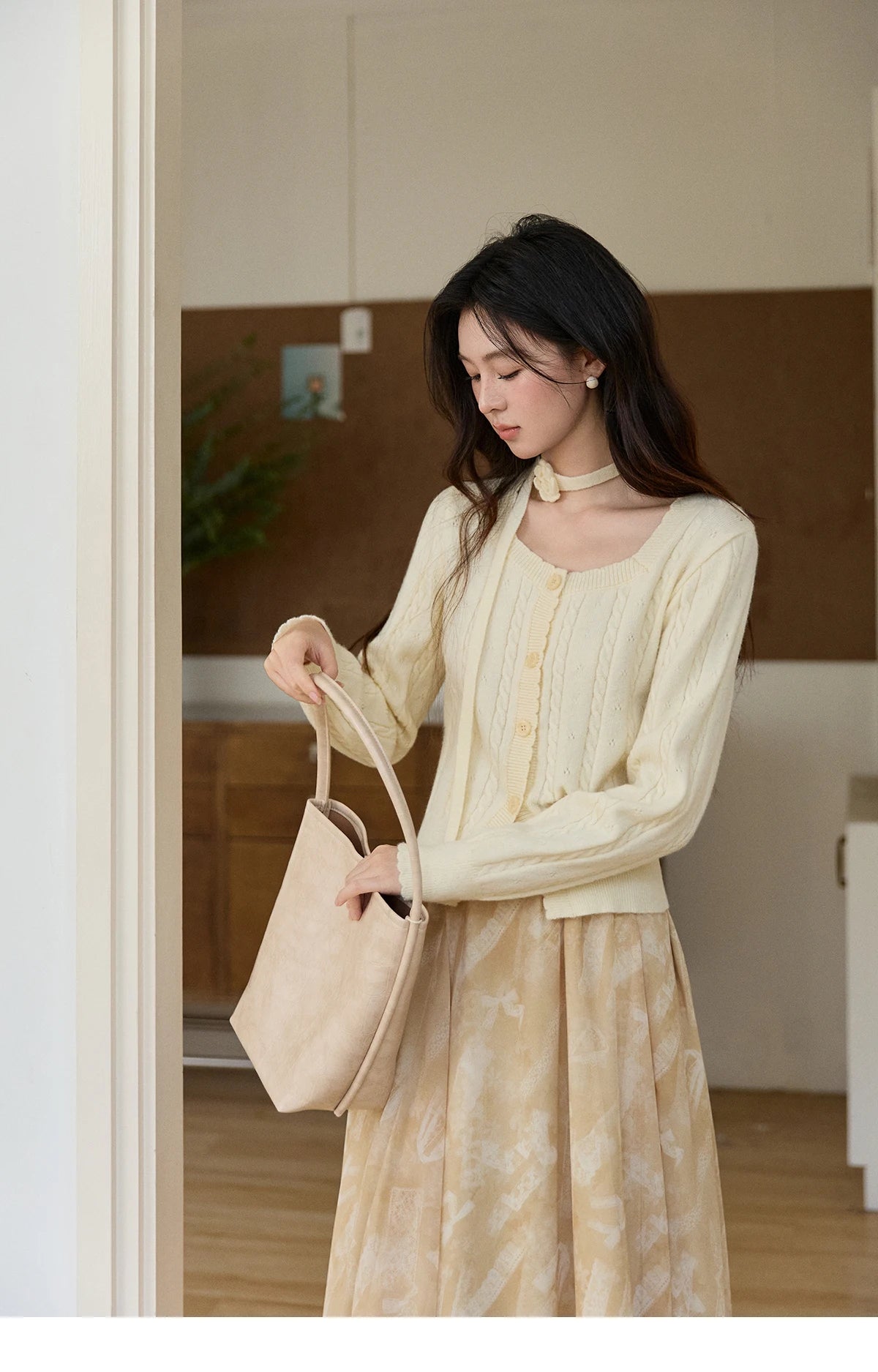 Mishow Beige Cable Knit Square Neck Cardigan MXF11Z2903