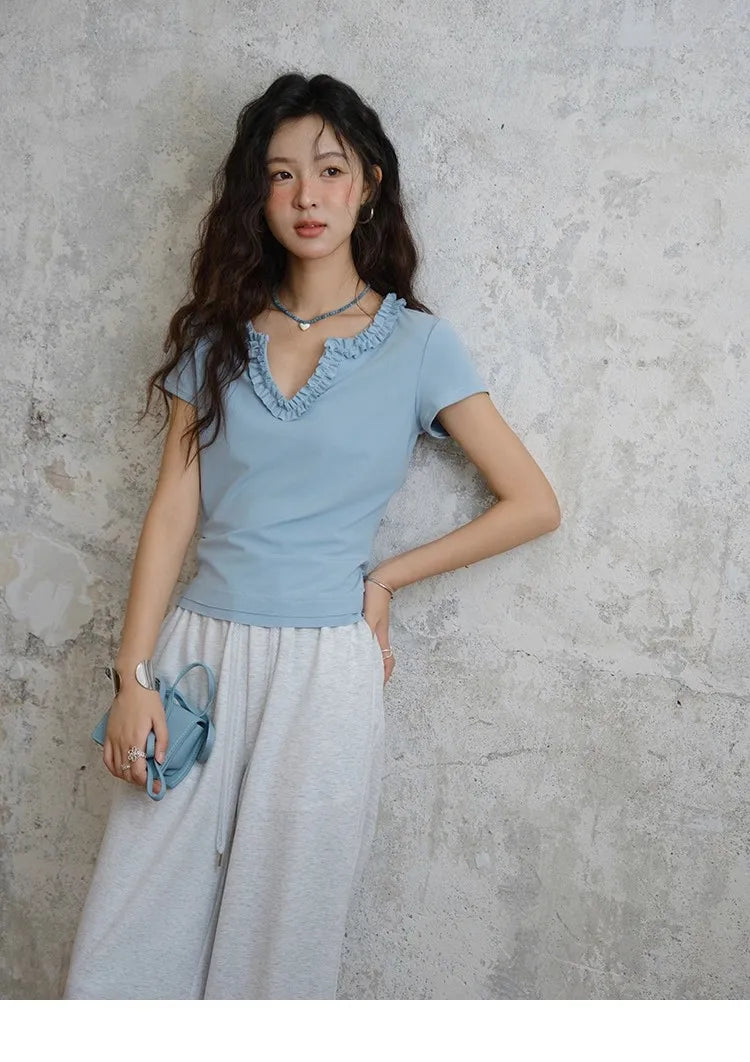 Mishow Lace V-Neck Short Sleeve Tee MXE35T0562