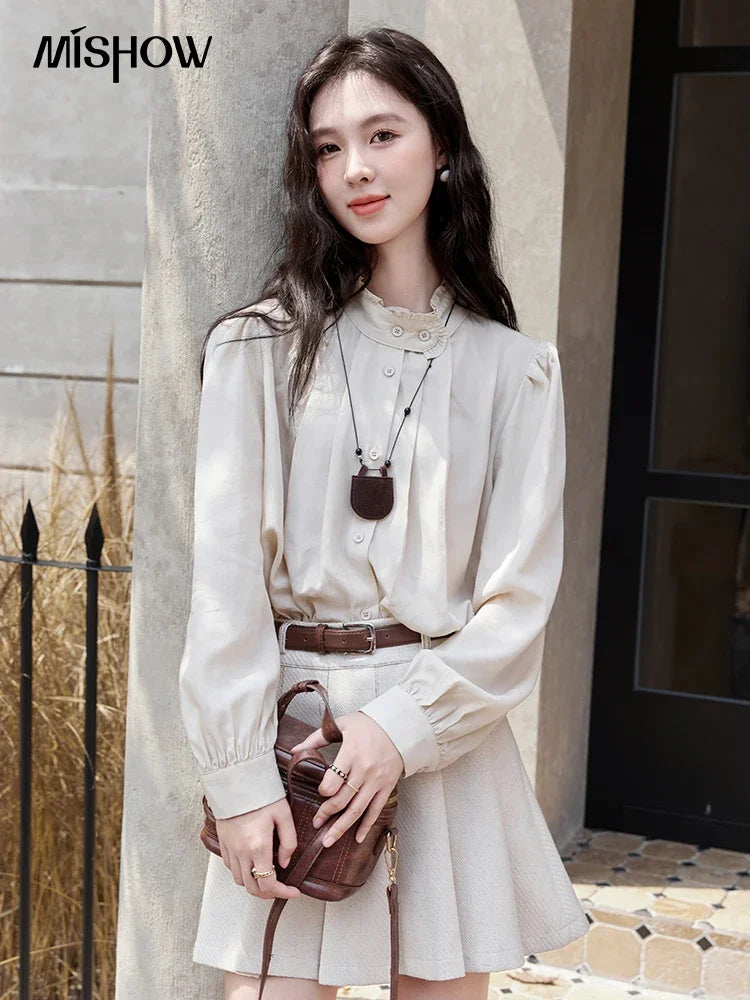 Mishow French Apricot Stand Collar Shirt & Pleated Mini Skirt Set MXD48C0365
