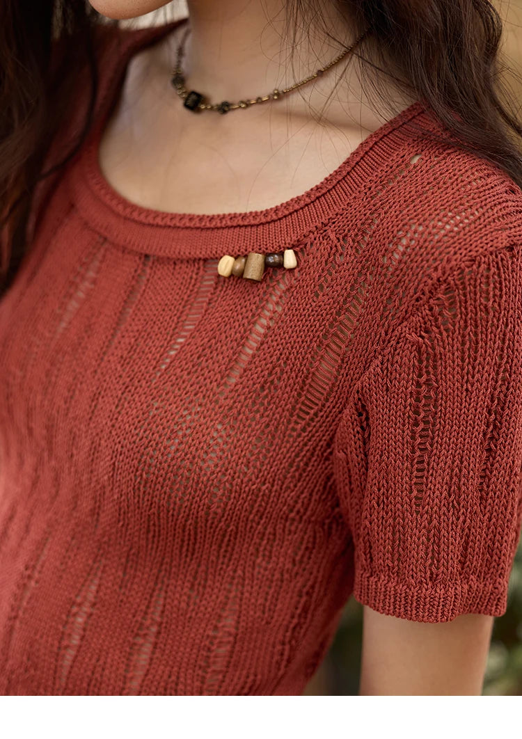 Mishow Retro Red Hollow Bead Knit Tee MXE35Z1271
