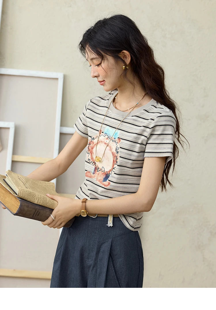 Mishow Striped Pufferfish Print Cotton Tee MXE32T0538