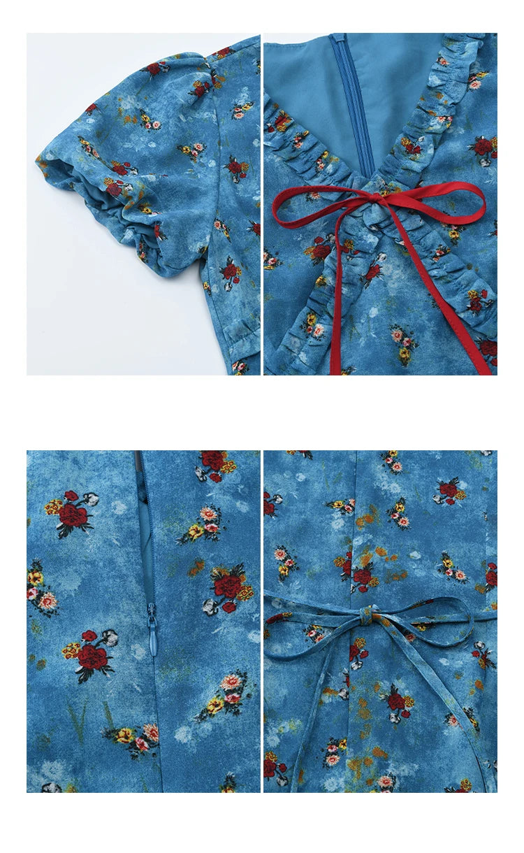 Mishow V-Neck Lace-Up Puff Sleeve Chiffon Dress MXE39L2401