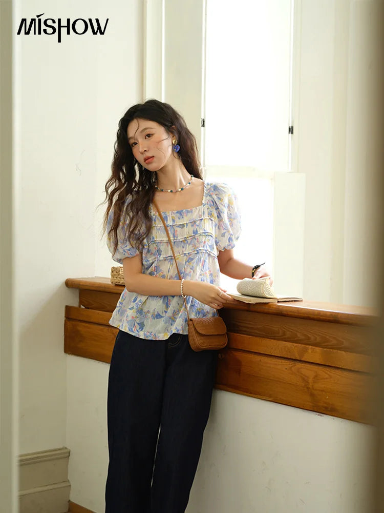 MISHOW Square Neck Puff Sleeve Blouse Print Top MXE39X1937