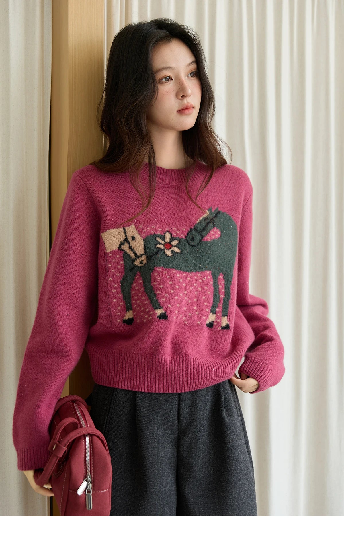 Mishow Red Pony Jacquard Round Neck Pullover MXE48Z2622