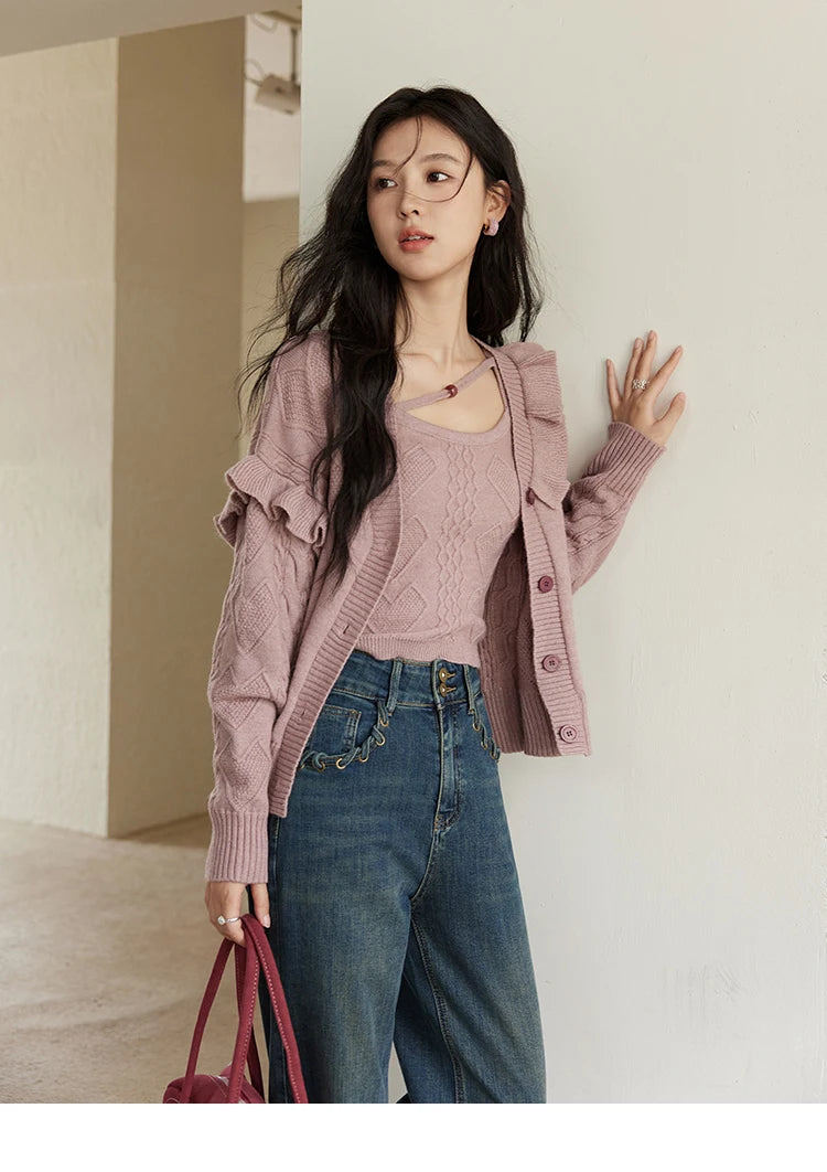 Mishow Pink Asymmetric Flounce Knit Vest Set MXD45Z0781