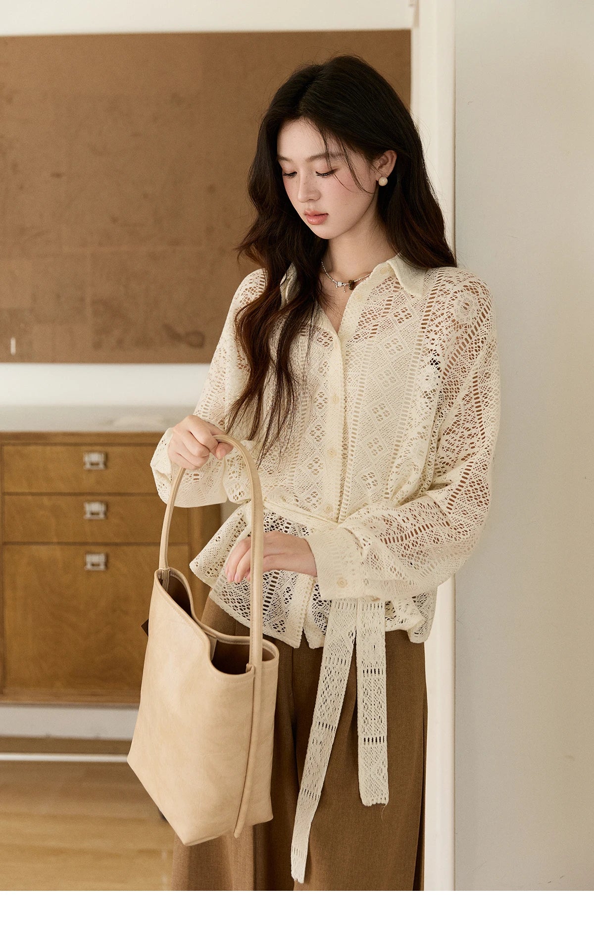 MISHOW Hollow Lace Shirt Camisole Set Drawstring Waist MXF108C0816